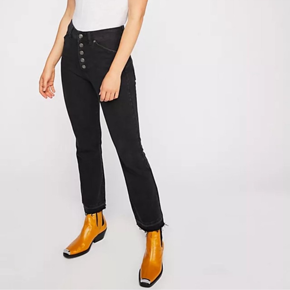 Free People Jeans Dylan High Rise Bootcut Raw Hem Exposed Button Fly Size 28